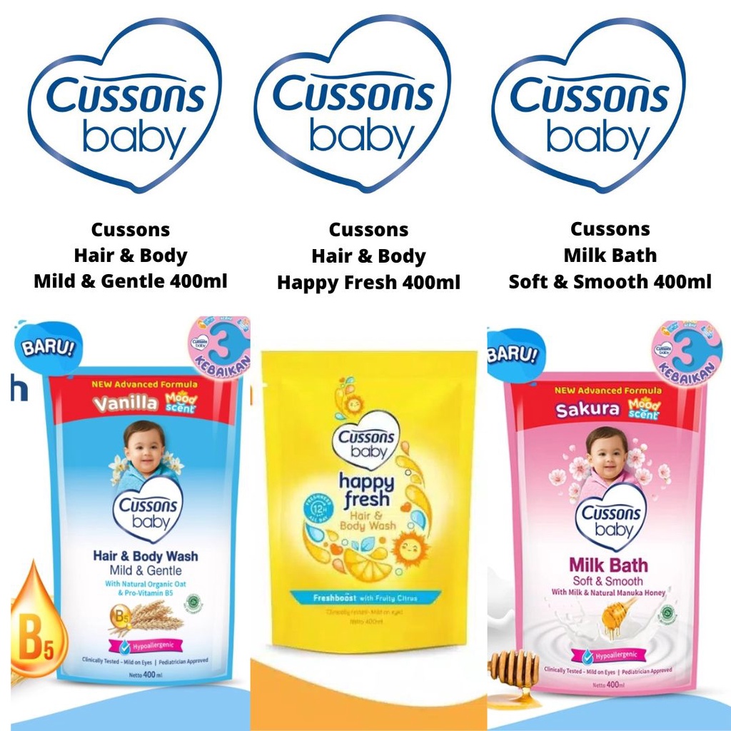 CUSSONS BABY Hair &amp; Body / Mild Bath Sabun Mandi Sampo 400ml 400ml / 100ml 100ml - Happy Fresh Free Lunch Box