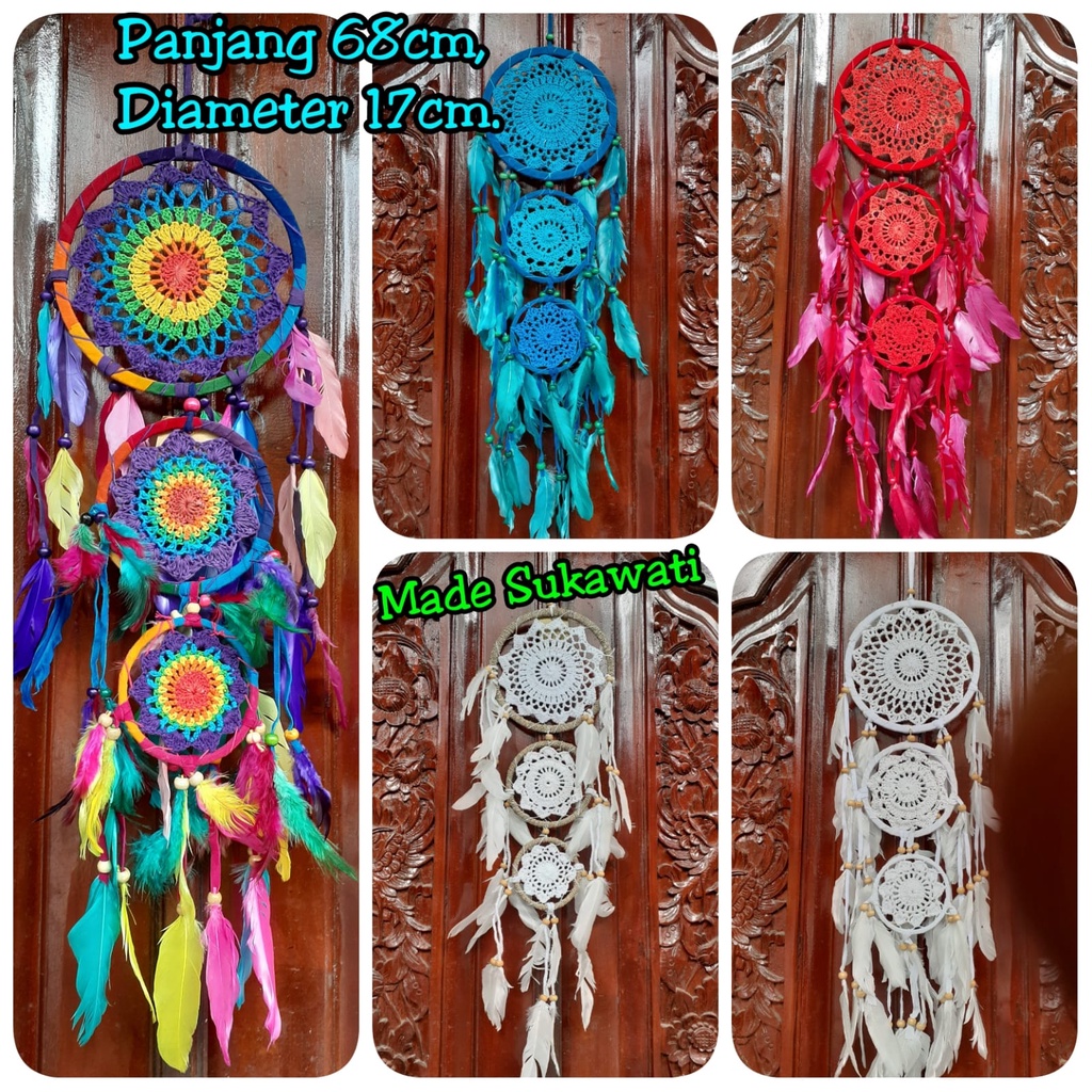 Dream catcher tingkat 3 sulam jaring benang panjang 68cm dekorasi hiasan rumah bulu ayam