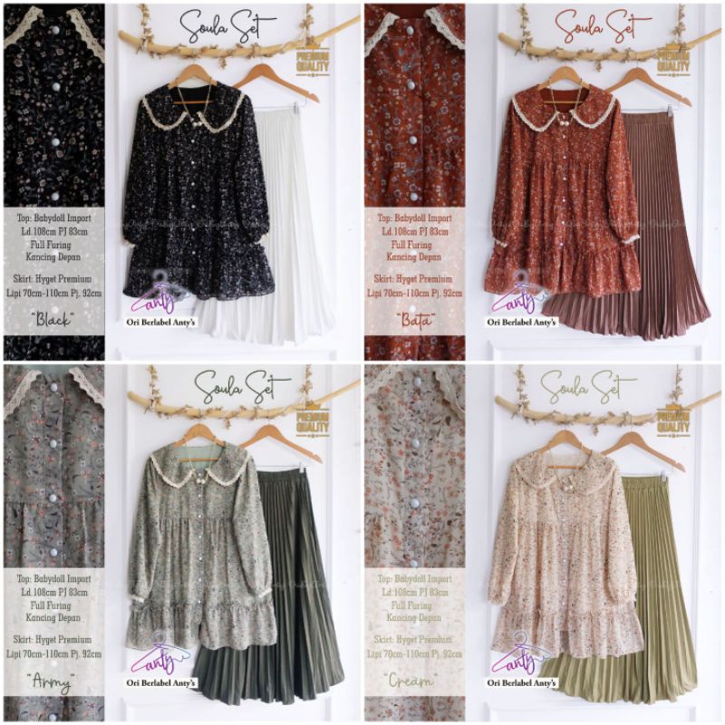 SET BLOUSE CERUTI BABYDOLL MOTIF BUNGA + ROK PLISKET POLOS SUPER CANTIK SOULA SET BY ANTY