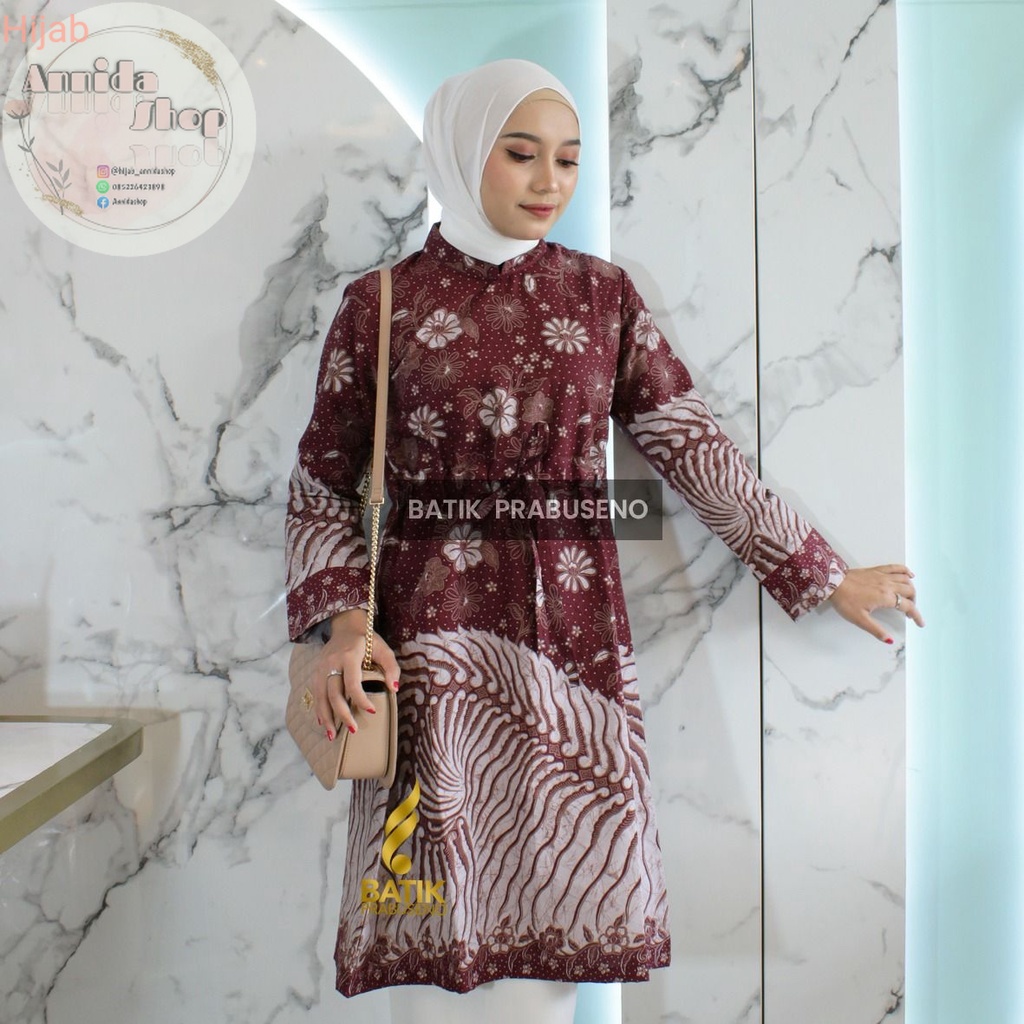 Kemeja atasan Batik Prabuseno - NANA MAROON Tunik Batik Perempuan Lengan Panjang Tradisional