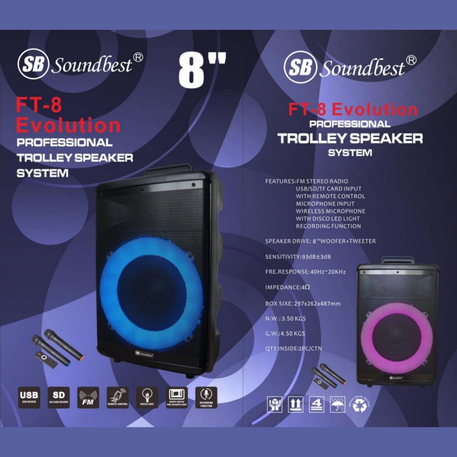 Speaker Portable Wireless 8 Inch SOUNDBEST FT8 Evolution USB Bluetooth ORIGINAL