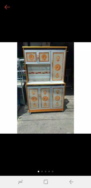 Rak Piring 3 Pintu Gendong Kaca Lukis Full Colour + Roda jumbo Tiang Besar (promo Harga)