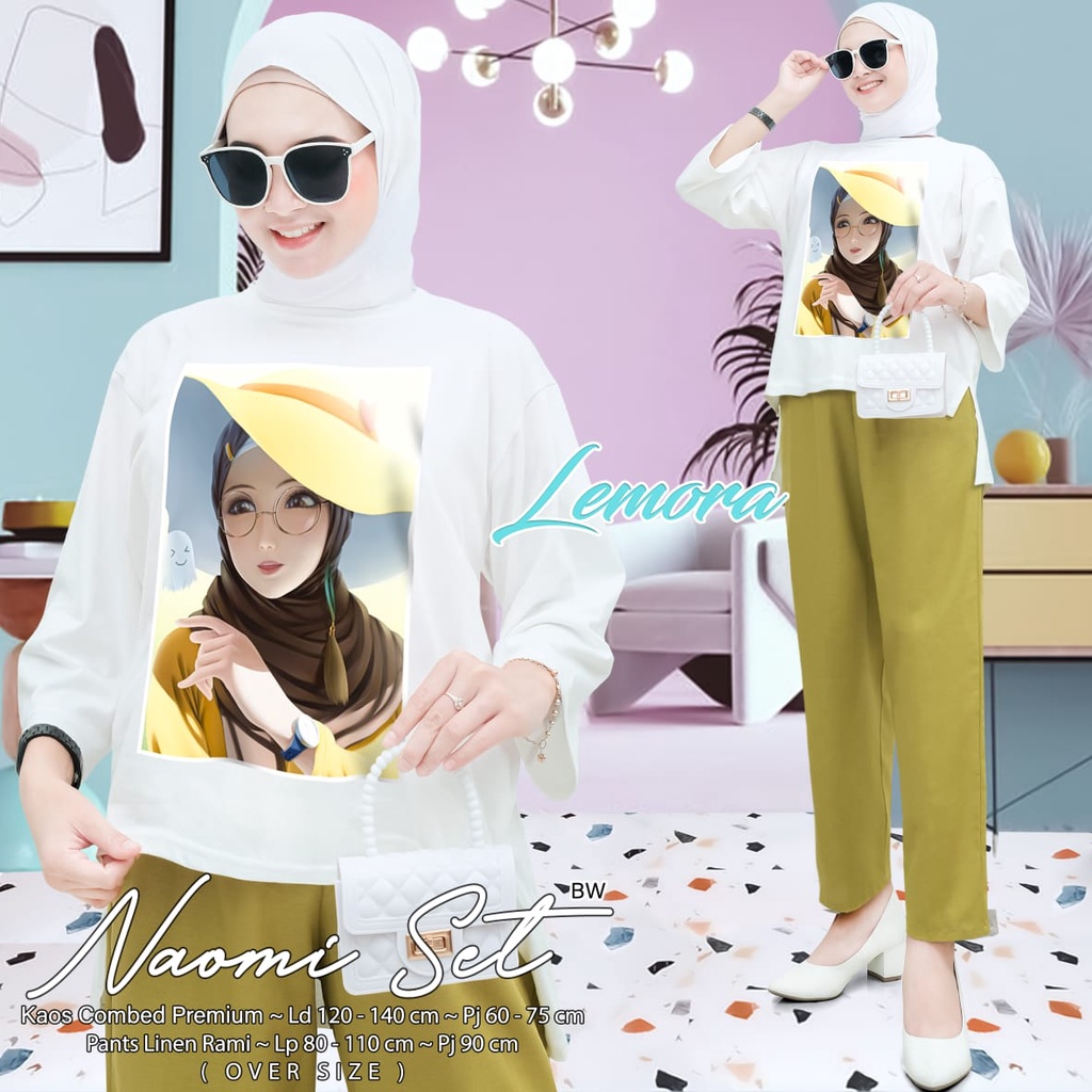 NAOMI SET BY LEMORA / SETELAN KAOZ COMBAD OVERSIZE MIX LINEN PREMIUM / ORI BEST SELLER