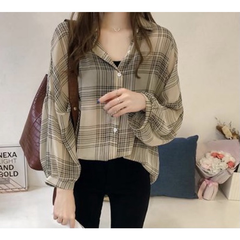 Ios Shop - Fitri Kemeja Sifon Kotak Wanita Casual Atasan Chiffon Ramadhan Muslim Hijab OOTD Lebaran Ramadan Lengan Panjang-Krem