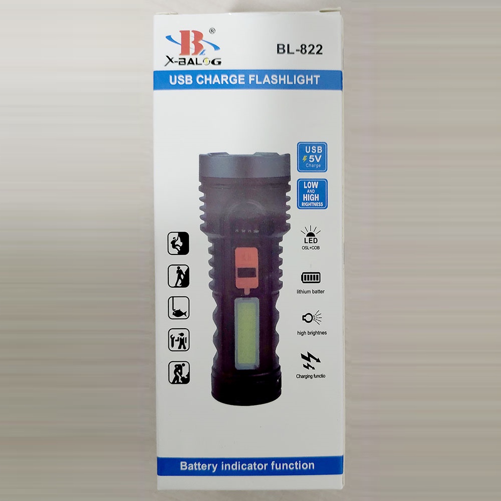 TaffLED Senter LED Flashlight Torch Waterproof USB Rechargeable Cree XPE + COB 7800 Lumens - BL-822 - Black