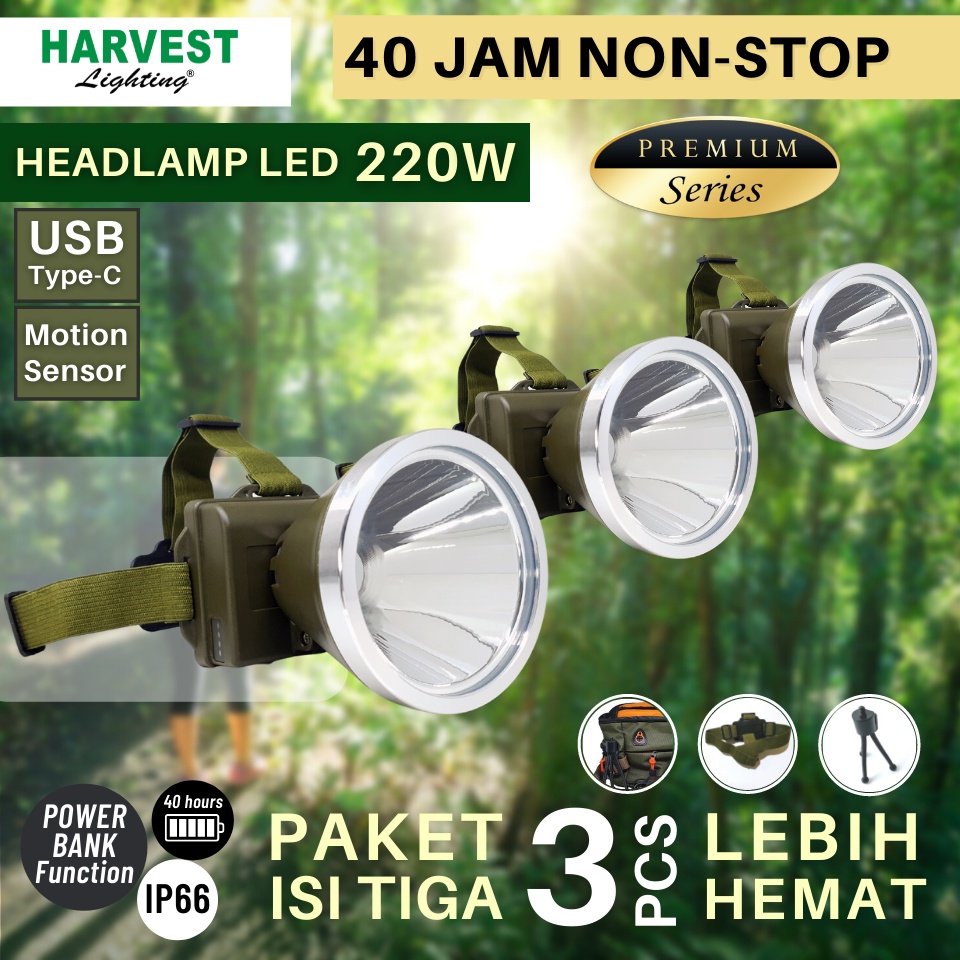 220W - Headlamp PAKET ISI 3 - HARVEST LIGHTING Senter Kepala LED Super Terang  Lampu Emergency Travel Tambang Hunting Berburu Rechargeable Original Bergaransi