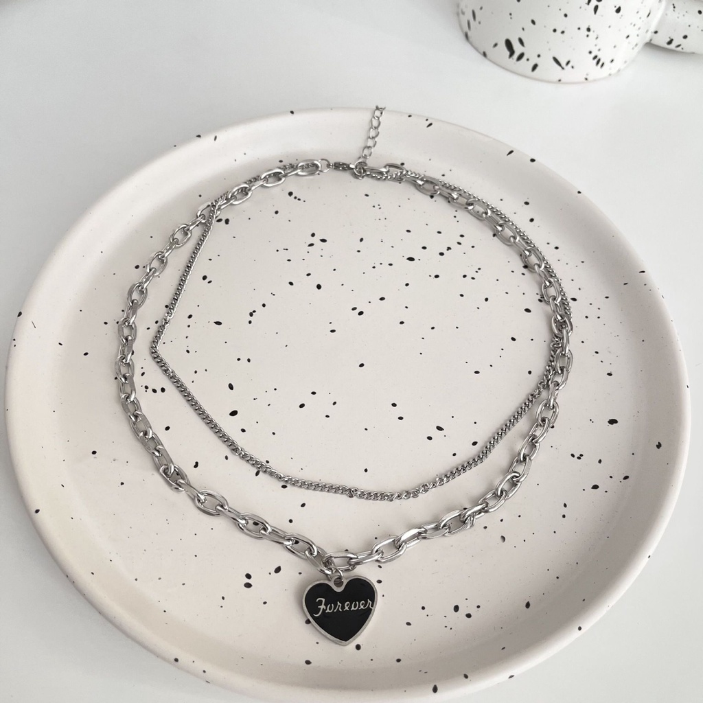 Kalung Rantai Ganda Liontin Hati Bahan Alloy Warna Silver Gaya Korea Untuk Wanita