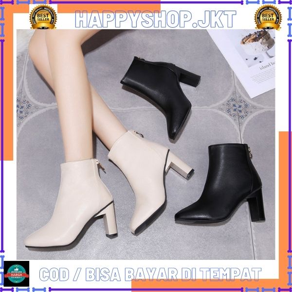 HS /  Sepatu Boots Wanita Heel Fashion  warna Hitam / Cream 230