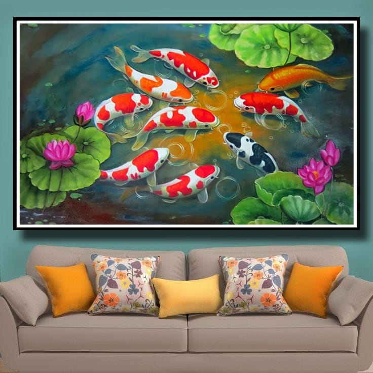 Lukisan Poster Ikan Koi hoki Fengshui 9 Jumbo 3 dimensi Xtra Besar Ukuran 70x50 cm 100x70cm 150x100c