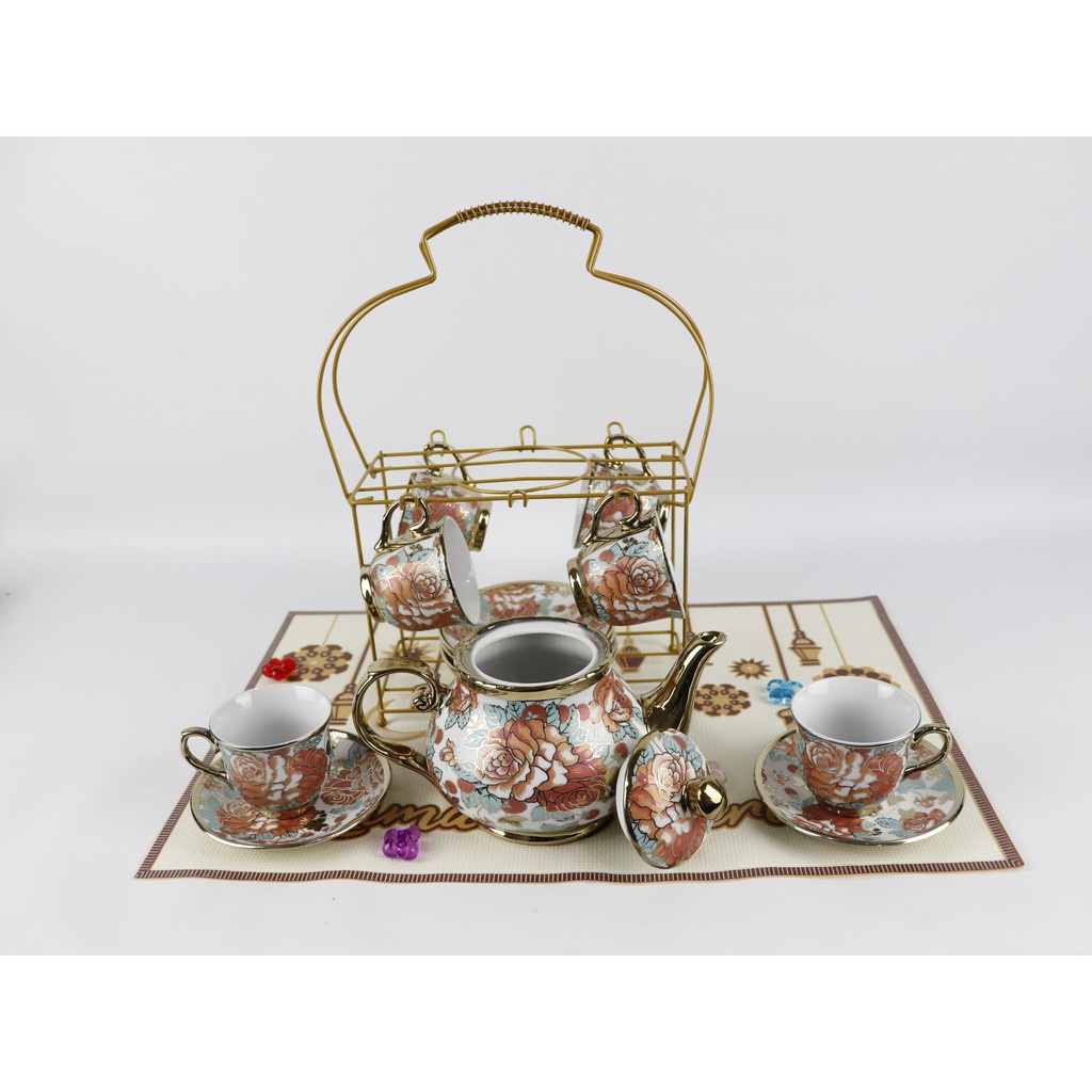 TEKO CANGKIR SET + RAK / TEA SET MOTIF BUNGA