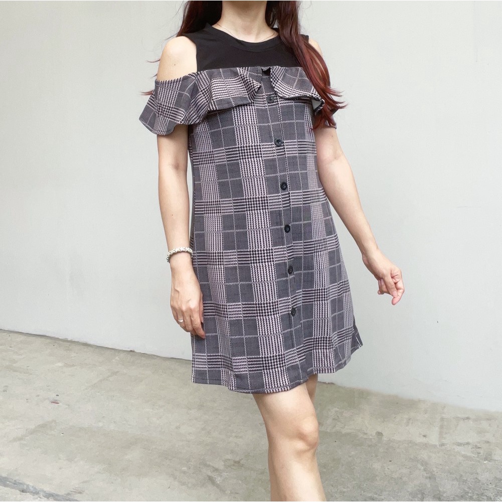 DS1480 - DRESS PESTA CUT OUT SABRINA MOTIF FLANEL  MIDI DRESS WANITA MODERN