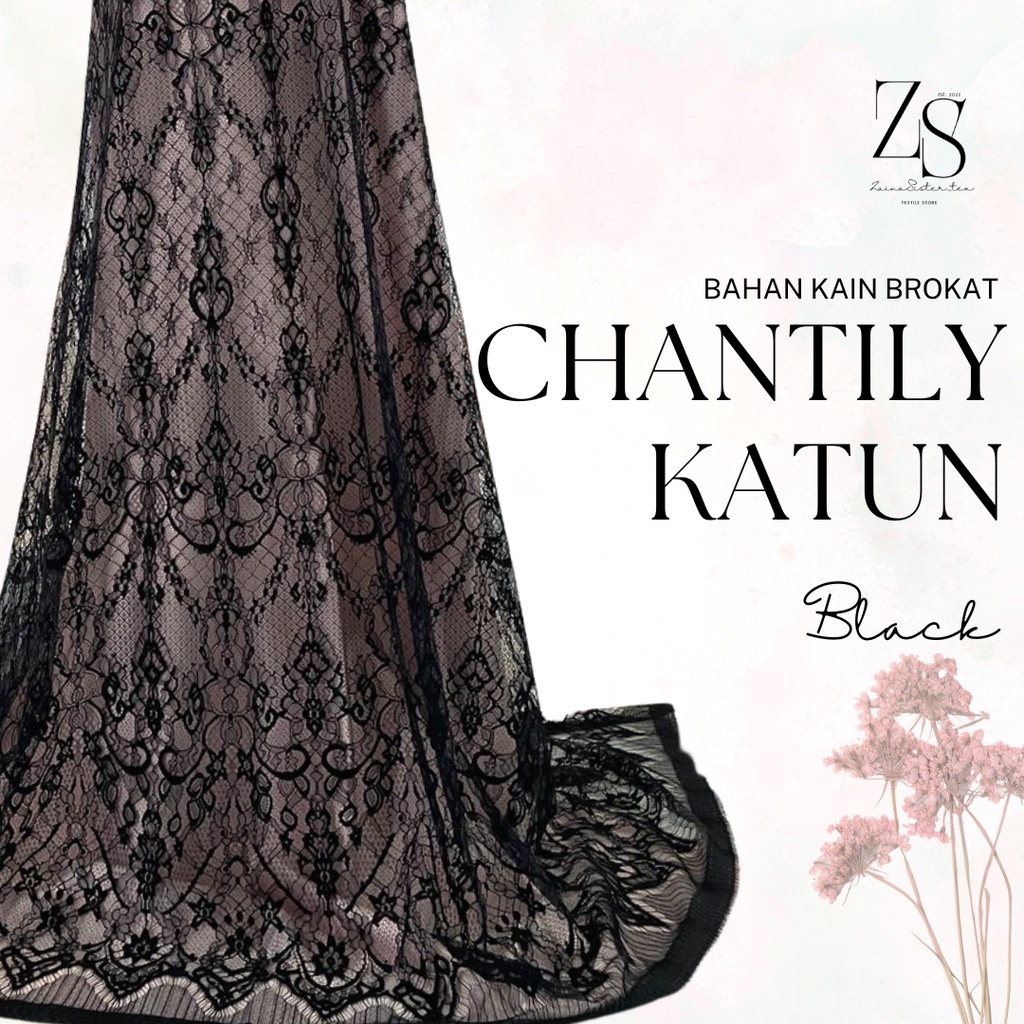 Kain Kebaya Brokat Brukat Panel Chantily Katun Semi France Prancis Warna Hitam Black