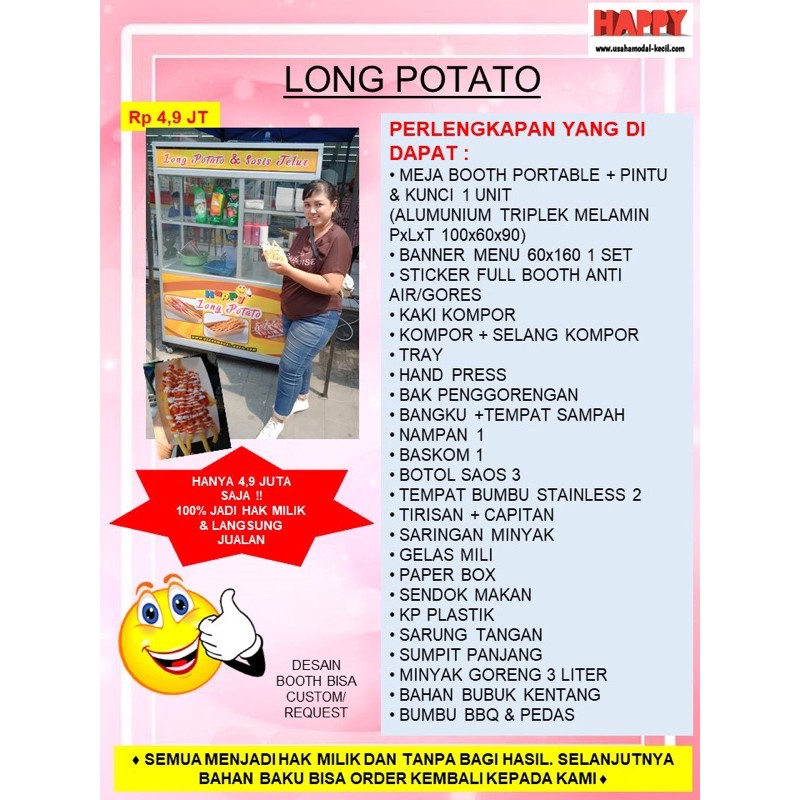 

PAKET USAHA FRANCHISE MAKANAN LONG POTATO ETALASE KOMPLIT BEST GEROBAK BOOTH PORTABLE KEMITRAAN