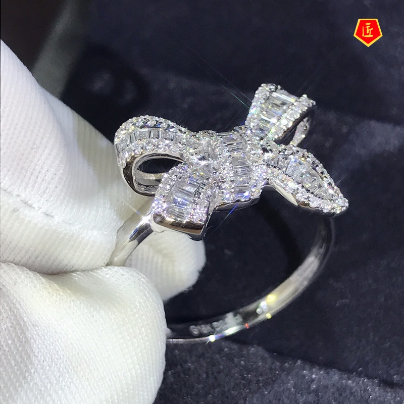 [Ready Stock]Bow Ladder Square Zircon Ring Beautiful Luxury Temperament Female