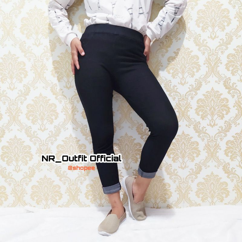 Legging Wanita Bahan Denim/ lejing jeans Super Stretch Pinggang Full Karet NR_Outfit Official COD