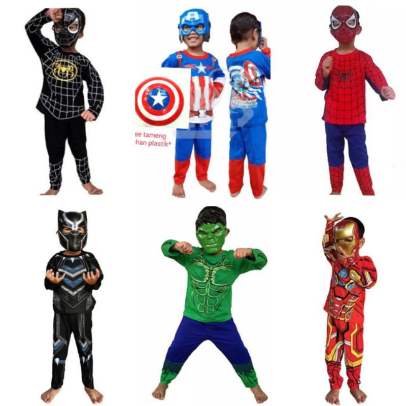 Kostum baju anak setelan 2-10 tahun superhero captain spiderman hulk iron venom gratis topeng