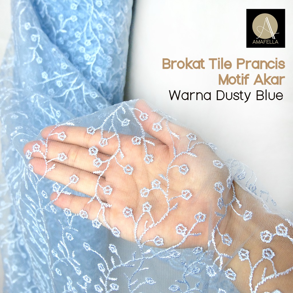 1/2 meter Kain Brokat Tile Prancis Bahan Kebaya Motif Akar Warna Dusty Blue / Baby Blue