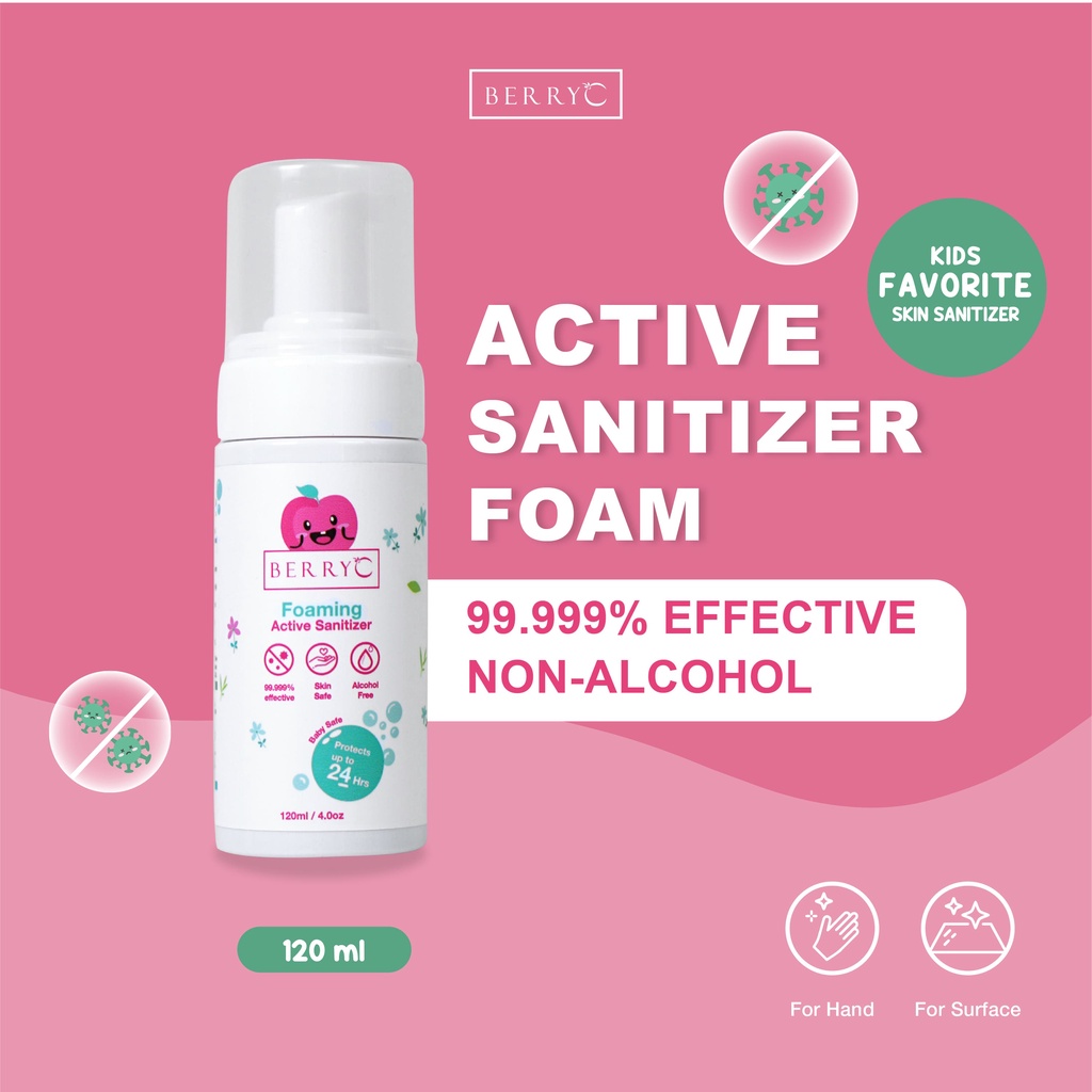 BerryC Active Sanitizer Foam 120ml Natural Food Grade Hand Antiseptik Non Alcohol Alkohol Aman untuk Bayi Lembut Sensitif Kulit Rinseless Soap Sabun Tanpa Bilas Travel Size Mudah Favorit Anak Efektif COVID19 HFMD Flu SIngapore Singapura Impor Perlindungan