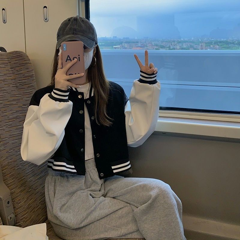 Vallina Varsity Cropped Base Ball Two Tone Jacket | Jaket Baseball Wanita Crop Bahan Fleece Tebal Premium Outer Varsity Polos Korean Style-2