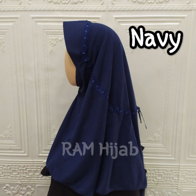 ram hijab kerudung jilbab instan bergo anak sekolah TK SD SMP serut pita atas warna navy biru dongke