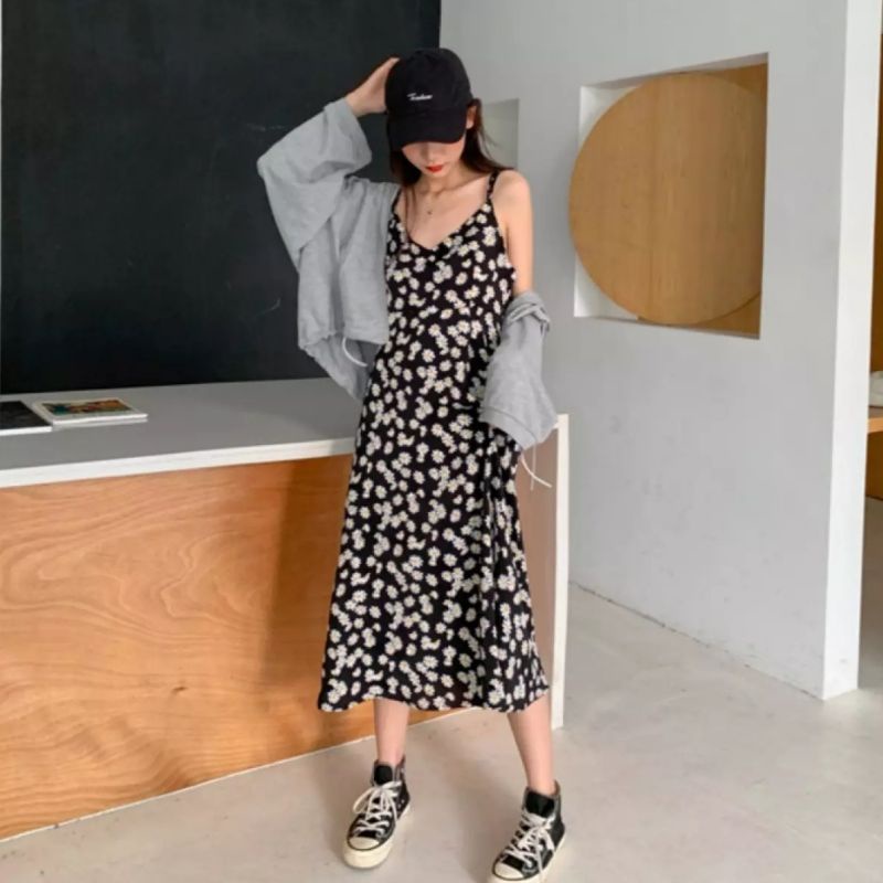 1 MIDI SKIRT A LINE IMPORT / ROK BUNGA DAISY BLACK WHITE / ROK DAILY WANITA KOREAN BAHAN SIFON-8