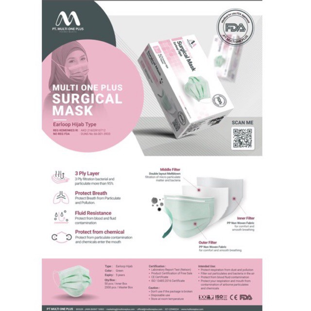 surgical mask multione plus hijab medis 3 ply/ masker bedah medis 3 ply