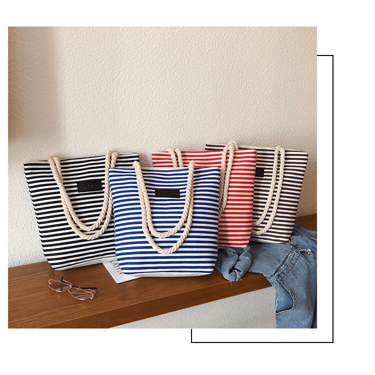 Totebag import salur stripe tas korea jinjing bahu kanvas tote bag