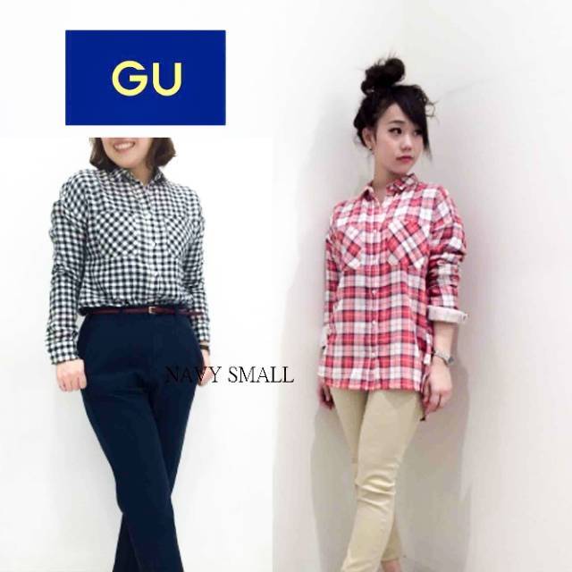 GU Uniqlo Big Navy Plaid Cotton Pocket Flanel Shirt