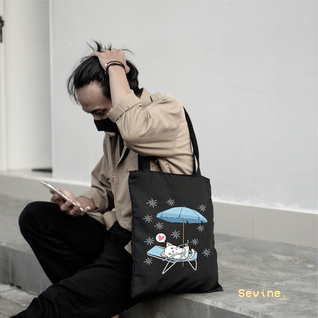 Sevine Totebag Tas Wanita Tote Bag Resleting Cetak Cute Cat Black Series - CSL9