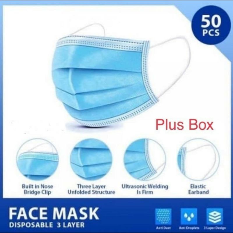Masker Kesehatan Medis Biru 50 pcs 1 box (Ada Box)