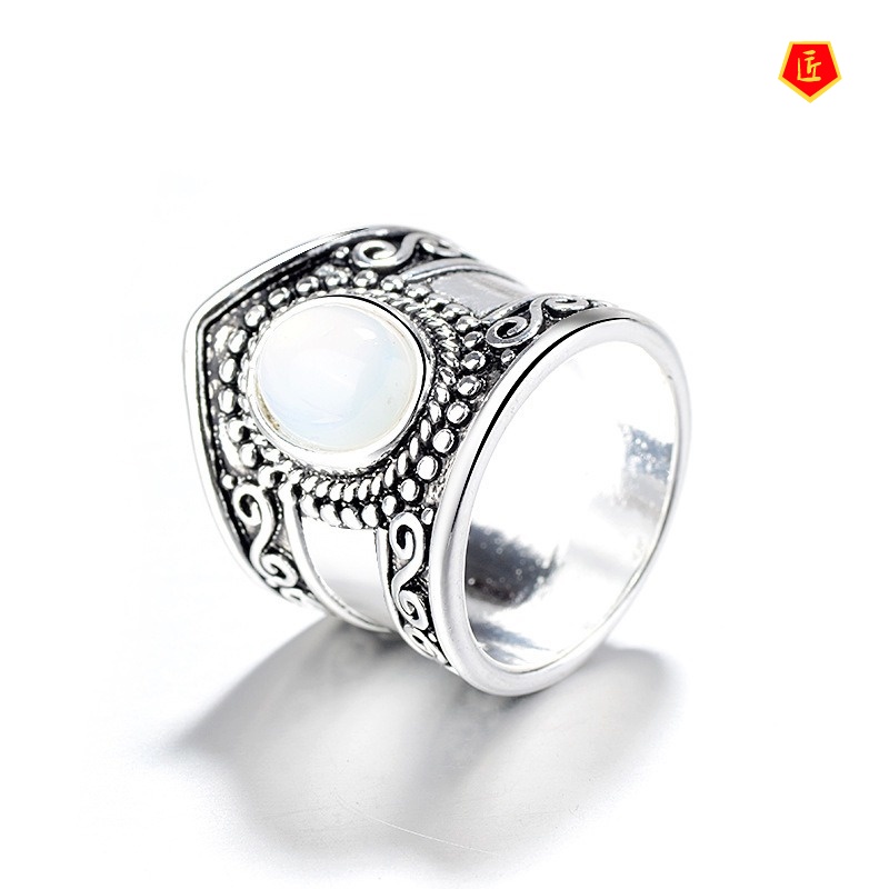 [Ready Stock]Vintage Silver Moonstone Black Agate Ring for Women