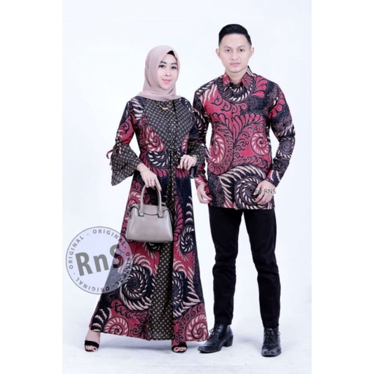 Maura Couple - Sania Ruffle Batik Keluarga Couple Jazy Gamis Syar'i - Gamis Kerah Jazz Motif Puser Maroon