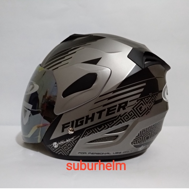 HELM  GM  FIGHTER  ZIGO   DARK GREY  BLACK  DOFF   HALF FACE  SINGLE VISOR RAINBOW   ORI  PRIA WANIT