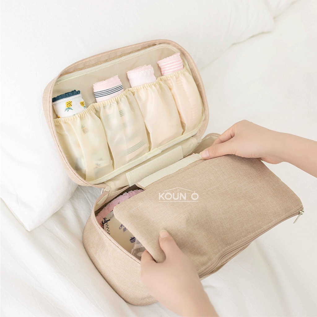 Tas Organizer Travel Pouch Tempat Penyimpanan Pakaian Dalam Bra Celana Dalam Pembalut Serbaguna Traveling Bag Multifungsi Gaya Korea Bahan kain