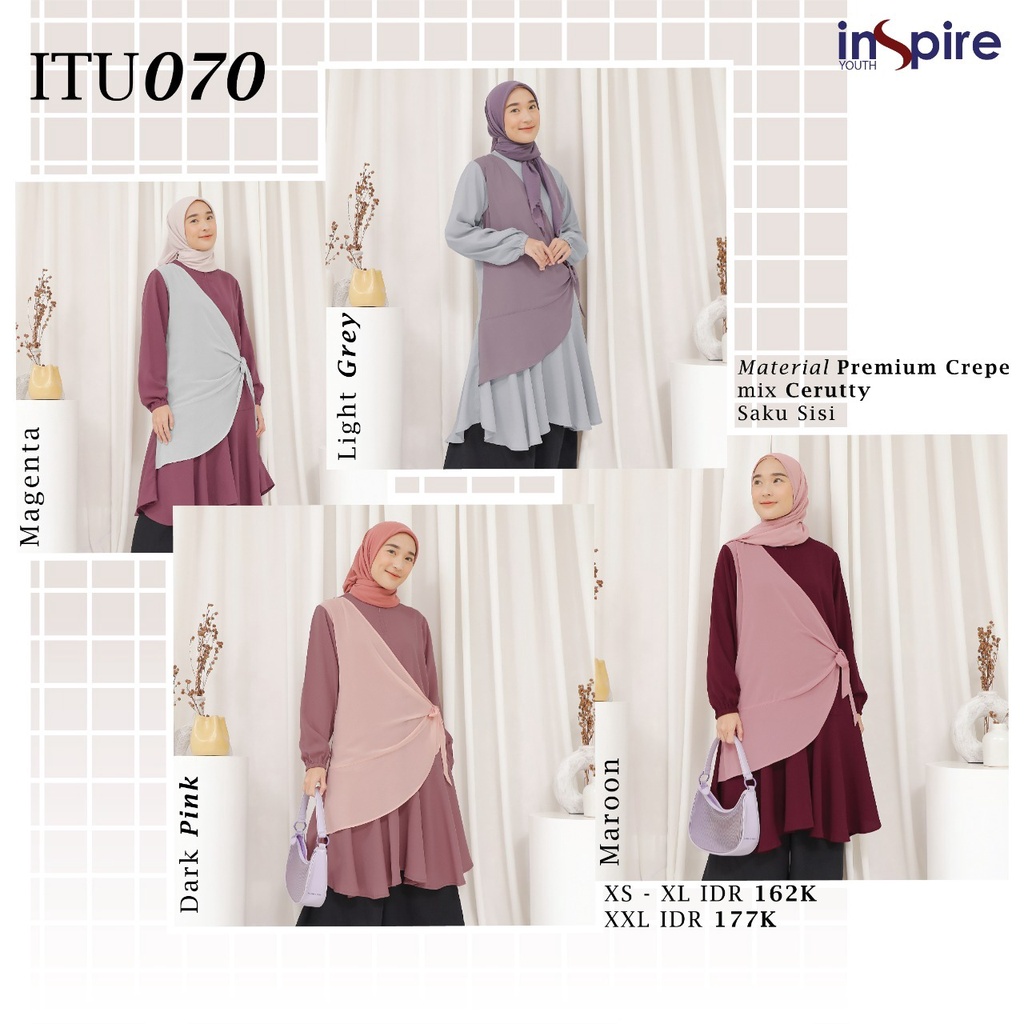 Inspire Tunik ITU 70 Bahan Premium Crepe mix Ceruty Atasan Simple Dengan Kombinasi 2 Warna Model Terbaru