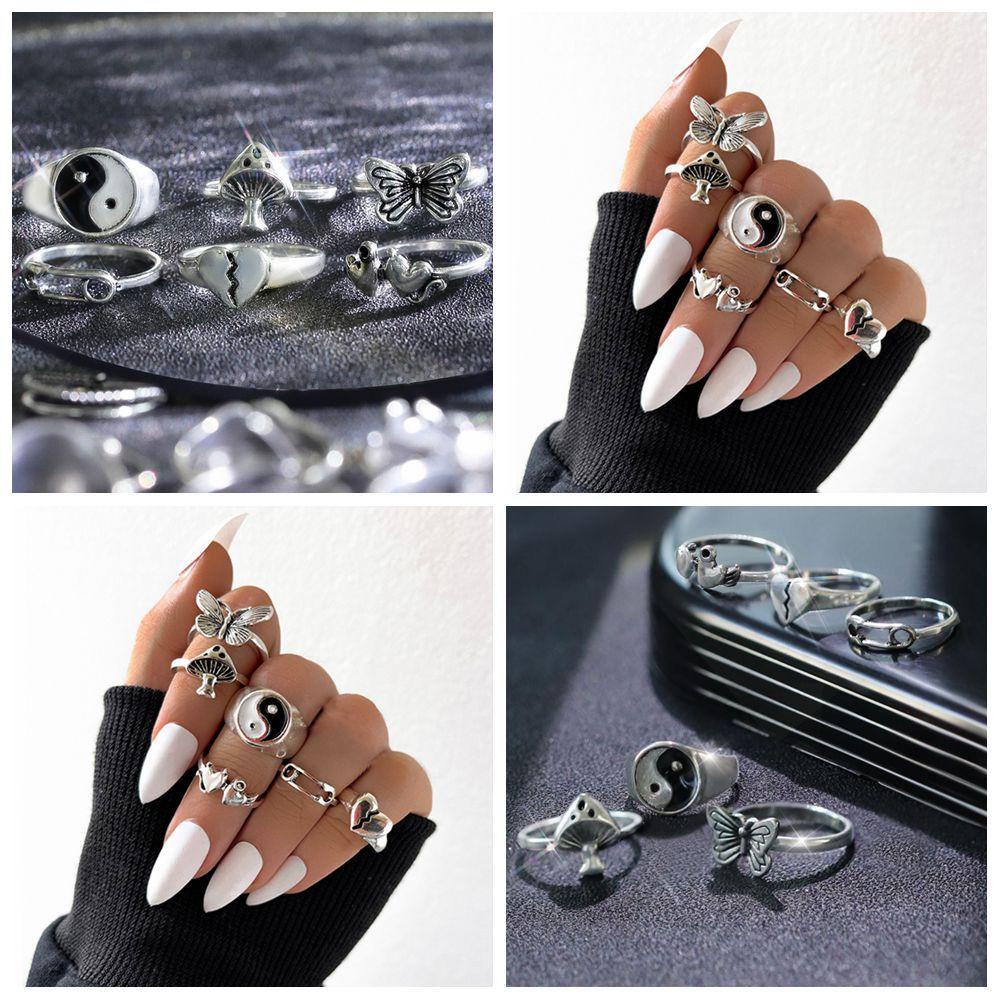 Preva 6Pcs/Set Cincin Retro Set Perhiasan Pesta Hip Hop Pola Hati