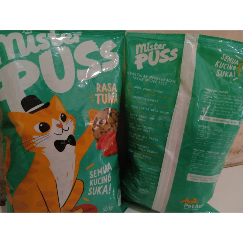 Mister puss rasa tuna kemasan 500gr makanan kucing adult untuk kesayangan kucing anda