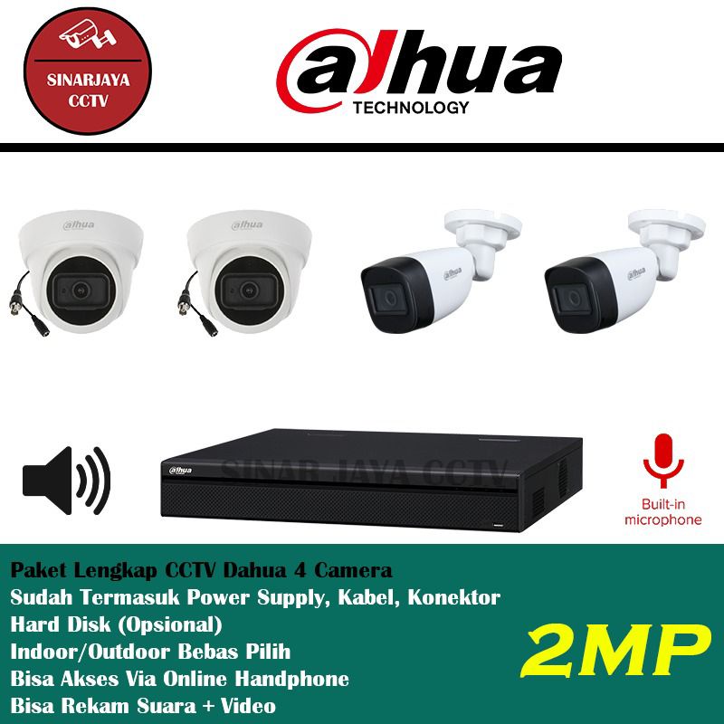 Paket Cctv 4Chanel/4Kamera Dahua Full Hd 2MP 1080P Built In Mic Merekam Video audio Garansi Resmi 2T