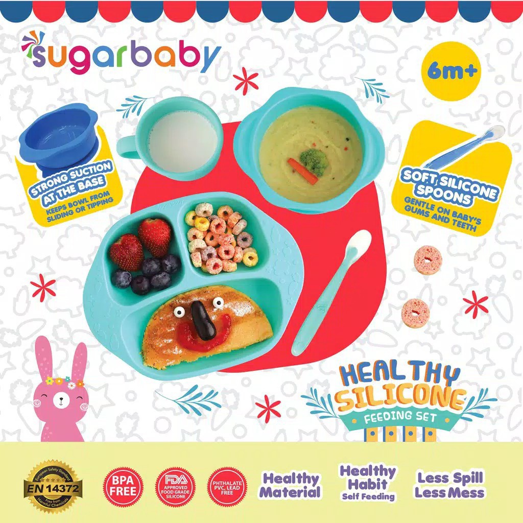 Feeding set makan bayi sugar baby piring set mangkok silikon sugarbaby 4 in1 healthy silicone