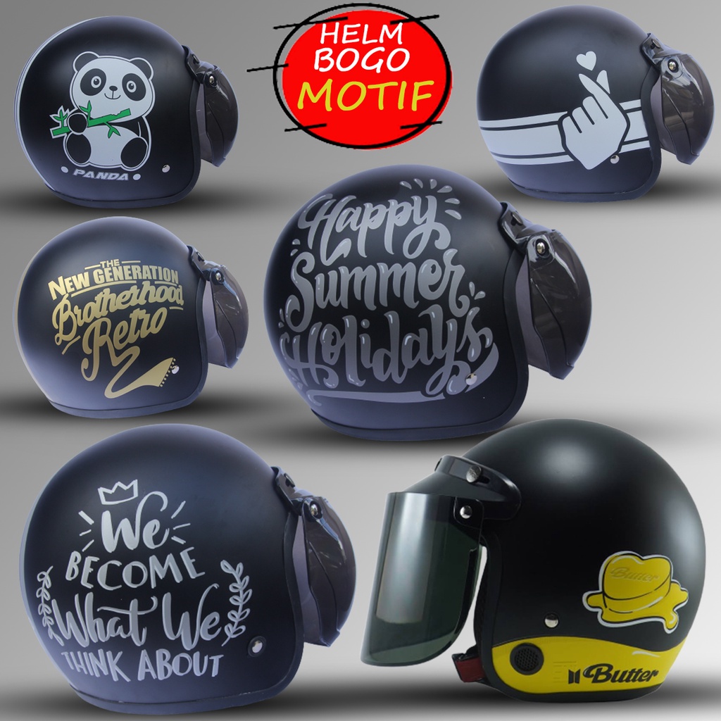 Helm Bogo Dewasa Classic Motif Warna Hitam Kaca Datar Injak Kaca Cembung Murah Untuk Pria Dan Wanita Dewasa  -Harga Grosir COD