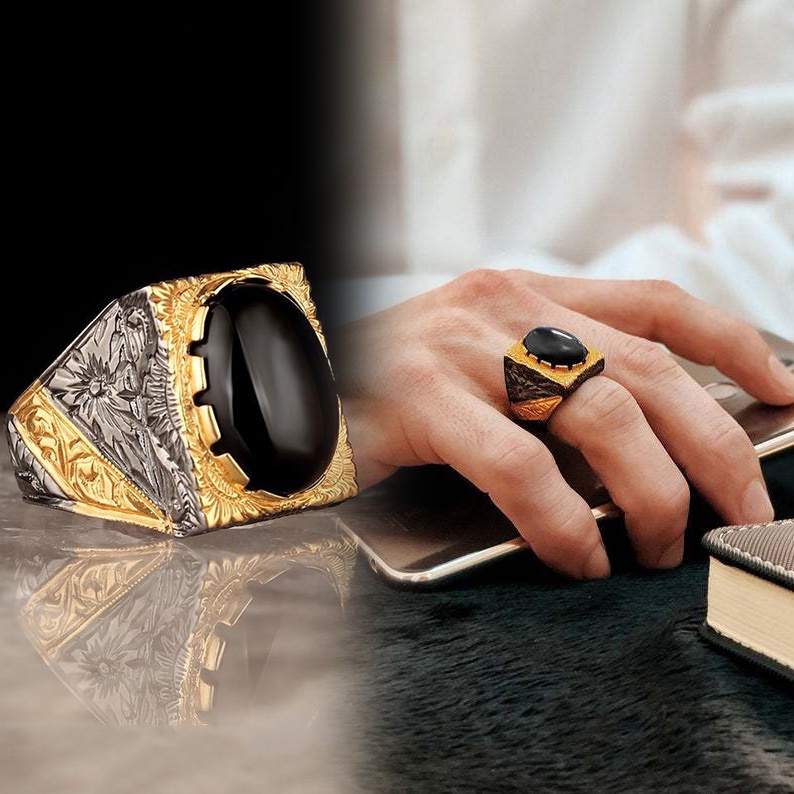 Obsidian Cincin Jari Baja Titanium Emas Perak Vintage Perhiasan Fashion Pria Punk Kristal Rings