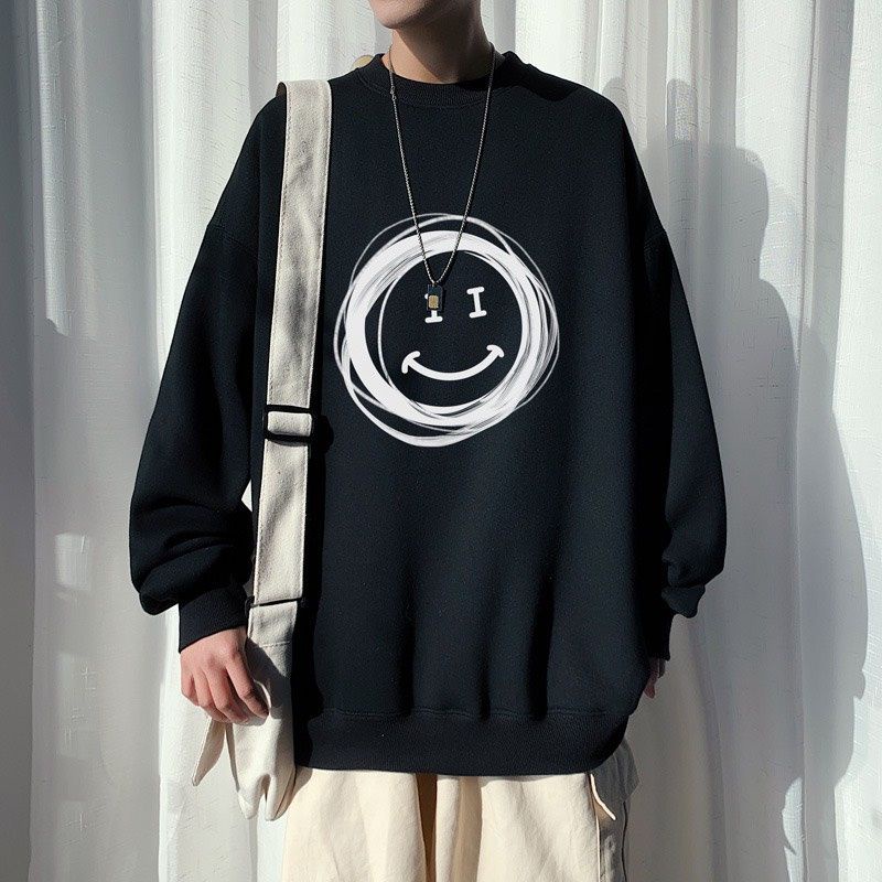 Sweater SMILE (S - 6XL) Crewneck Urban Style Korean BIGSIZE OVERSIZE Sweatshirt Harajuku Loose Long Sleeve Unisex Hitam Putih Mint Sage Green S M L XL XXL XXXL XXXXL 5XL 6XL Jumbo