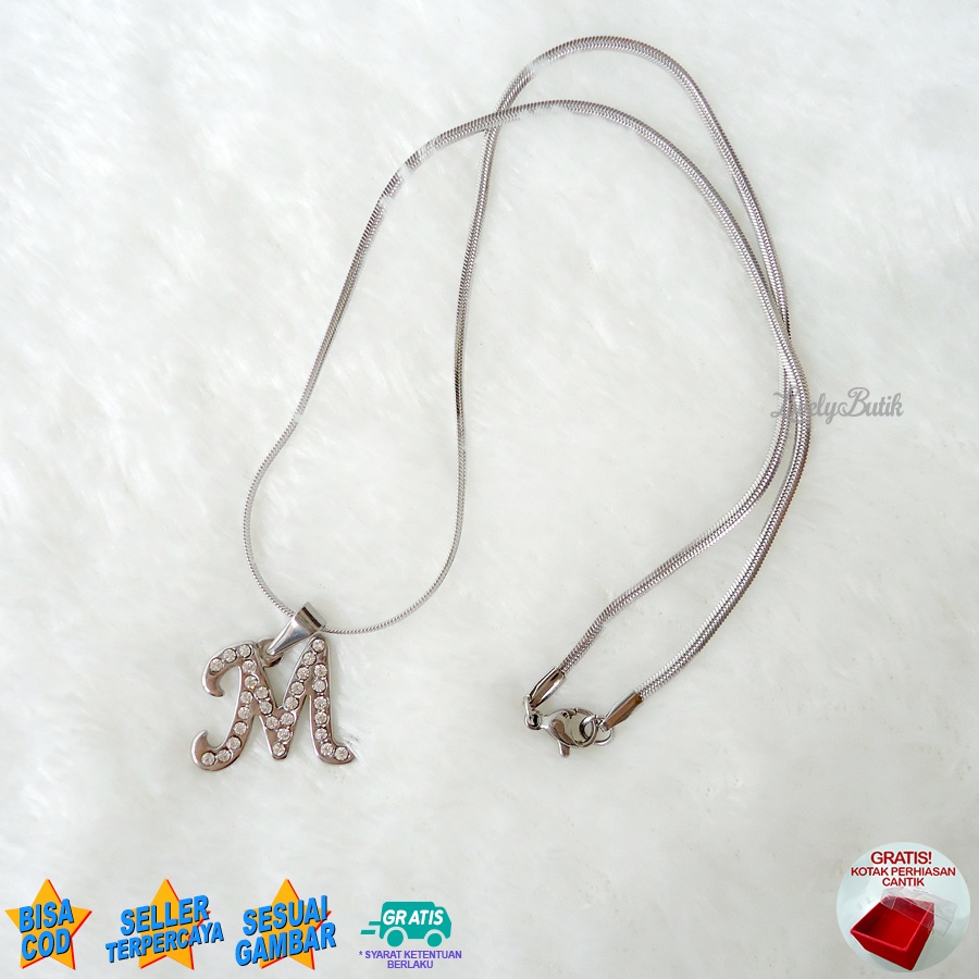 Lovelybutik - Kalung Inisial Huruf Titanium anti karat Kalung hurup Abjad Alphabet Ins M Klasik Bonus Kotak Perhiasan