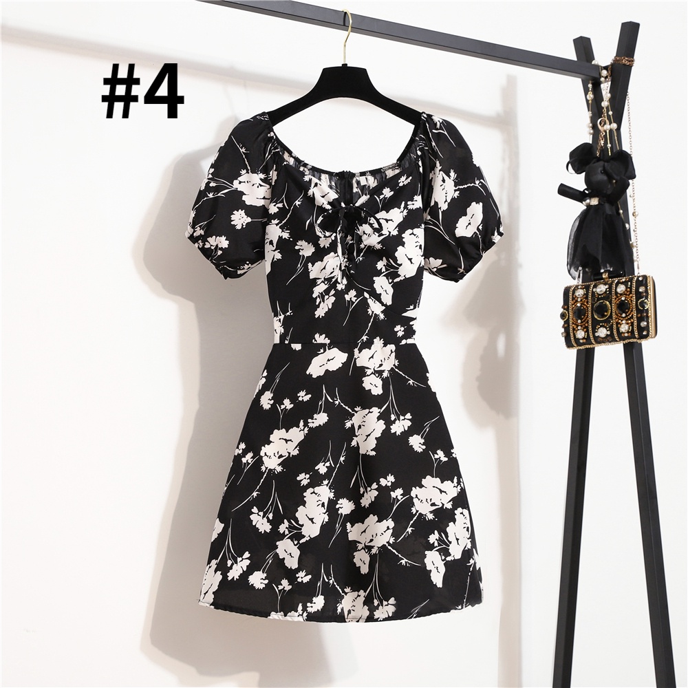 Dress V-Neck Lengan Pendek Motif Bunga Daisy Gaya Korea Untuk Wanita