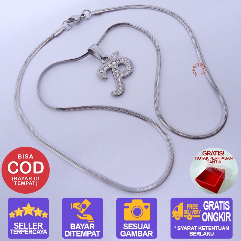 Lovelybutik Honey Kalung Huruf Titanium Anti Karat Inisial P Uk 45 cm BONUS KOTAK PERHIASAN