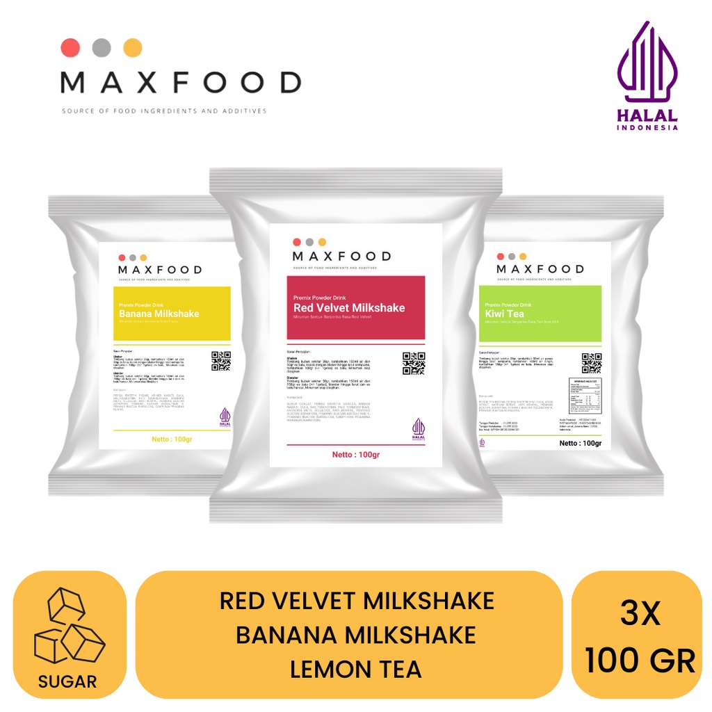 

MAXFOOD - Combo Bubuk Minuman 7 - Red Velvet Milshake, Banana Milkshake, Lemon Tea (100Gr X 3)