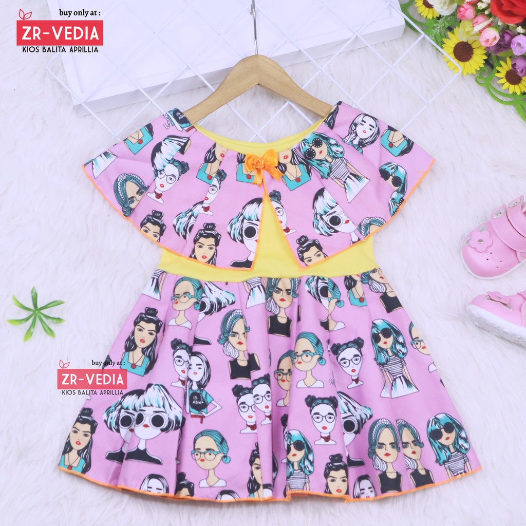 Dress Yolla size 1-2 Tahun / Dres Cape Anak Perempuan Murah Katun Adem Gaun Pesta Baju Kensi Cewek