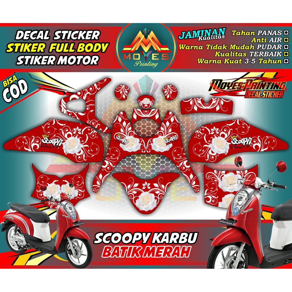 Decal Scoopy Karbu Pola Bunga Merah Sticker Full Dasboard Honda Scoopy Karbu