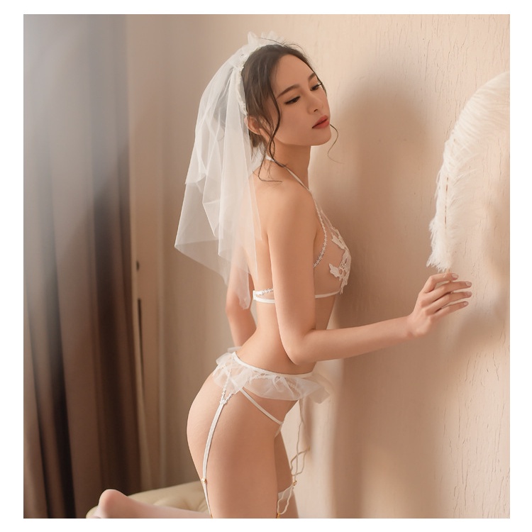 Ɛѵҽ Lingerie Seksi Seragam Cosplay Pengantin Pakaian Dalam Garter Erotis Kerudung Bordir Tembus Pandang 1210