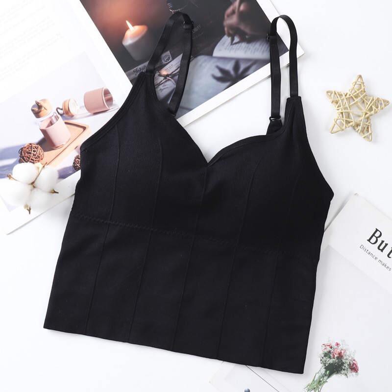 Blackpink Tank Top Crop Top  Sport Tali elastis Gaya Retro Leher V Pakain Dalam Wanita 1133-BLACK